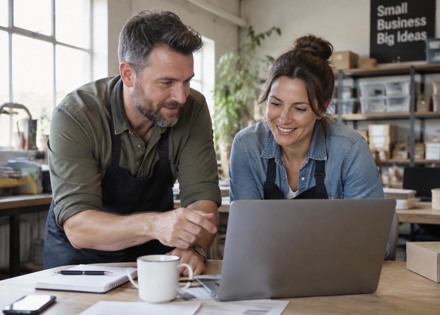 Two business owners looking at a laptop