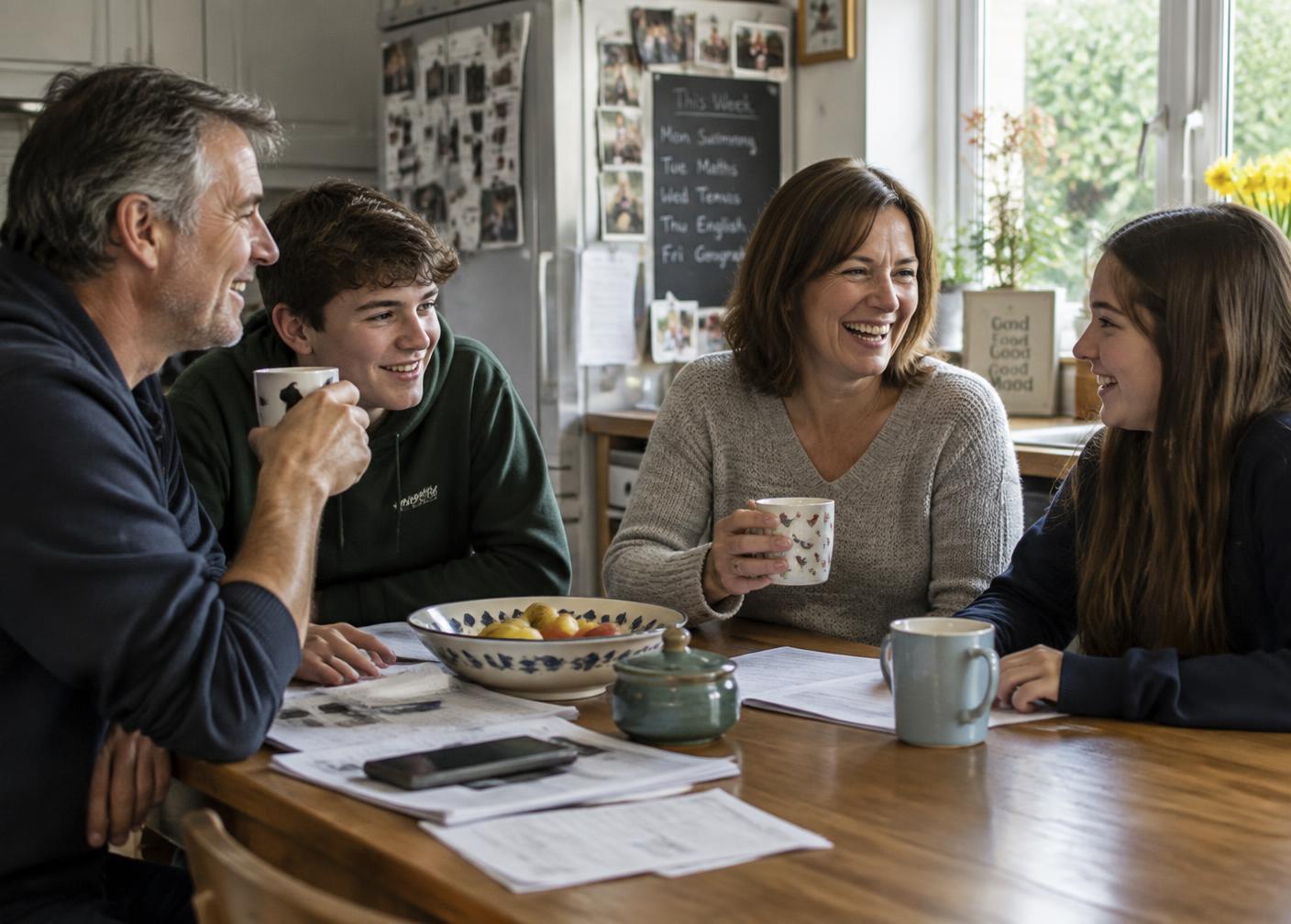 A family talking around the kitchen table
