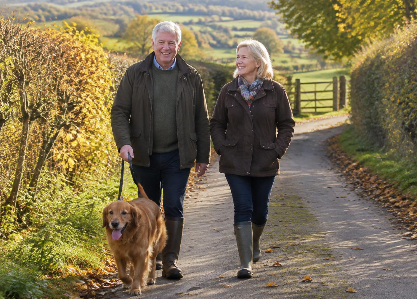 A couple walking their dog on a country lane